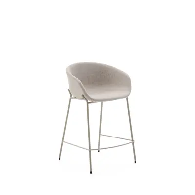KAVE HOME Yvette barstol, med ryggstöd, armstöd och fotstöd - beige chenille och beige stål (H:65cm)