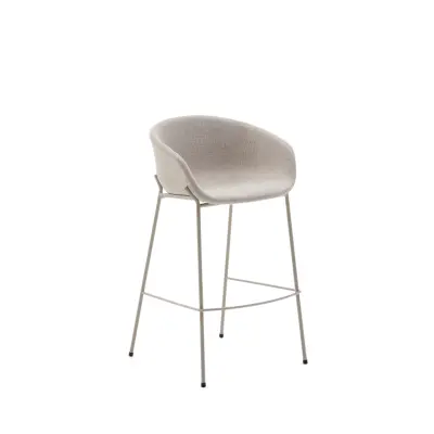 KAVE HOME Yvette barstol, med ryggstöd, armstöd och fotstöd - beige chenille och beige stål (H:75cm)