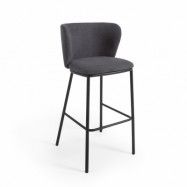 LAFORMA Ciselia barstol, med ryggstöd och fotstöd - mörkgrått chenilletyg och svart stål