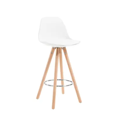 LAFORMA Stag barstol, med ryggstöd och fotstöd - vit plast och PU samt naturligt bokträ