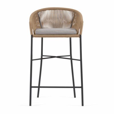 KAVE HOME Yanet barstol, med dyna, armstöd och fotstöd - beige sladd och stål