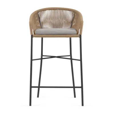 KAVE HOME Yanet barstol, med dyna, armstöd och fotstöd - beige sladd och stål