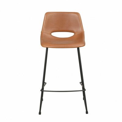 ROWICO Manning barstol med ryggstöd och fotstöd - cognac PU och svart metall