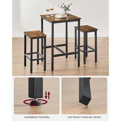 VASAGLE barbord med barstolar, matbord med 2 stolar, litet köksbord 60 x 60 x 90 cm, barstolar 30 x 40 x 65 cm, för matsal, kök, industridesign, vintage brun/svart LBT017B01