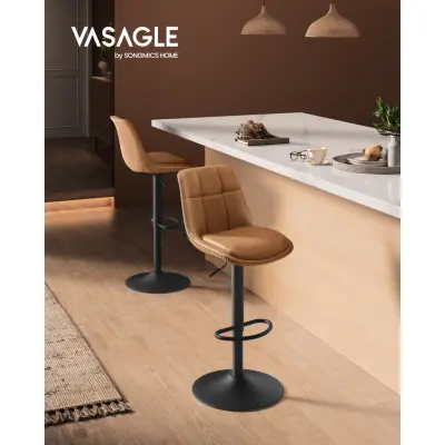 VASAGLE LJB095K01 Barstolar Set med 2 barstolar Höjdjusterbara vridbara kökspallar Vadderat PU-överdrag Med ryggstöd och fotstöd Matbord Stål Karamellbrunt