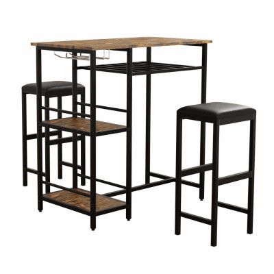 VCM NORDIC Kolari barbord och 2 barstolar - naturligt trä och svart järn (set med 3)