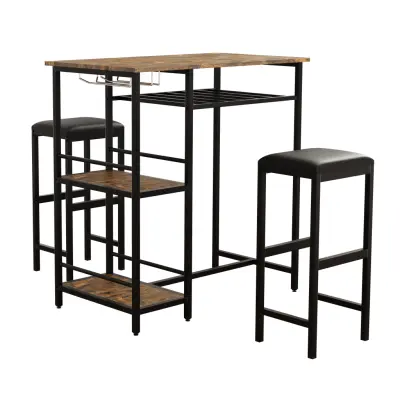 VCM NORDIC Kolari barbord och 2 barstolar - naturligt trä och svart järn (set med 3)