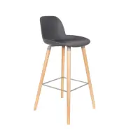 ZUIVER Albert Kuip barpall, med ryggstöd och fotstöd - mörkgrå polypropen/naturlig ask (75cm)