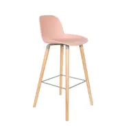 ZUIVER Albert Kuip barpall, med ryggstöd och fotstöd - rosa polypropen/naturlig ask (75cm)