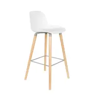 ZUIVER Albert Kuip barpall, med ryggstöd och fotstöd - vit polypropen/naturlig ask (75cm)