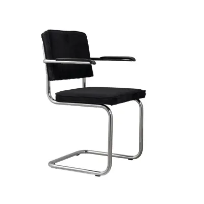 ZUIVER Ridge Rib fåtölj, med armstöd - svart sammetspolyester och silverkrom