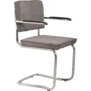 ZUIVER Ridge Rib Kink matbordsstol, m armstöd - grå sammetspolyester/nylon och silverkrom