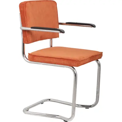 ZUIVER Ridge Rib Kink matbordsstol, m armstöd - orange sammet polyester/nylon och silver krom