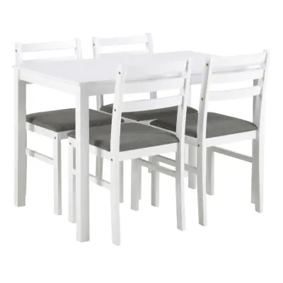 ACT NORDIC Alicante matbordsset, 1 matbord, 4 matstolar - ljusgrått tyg, vit MDF/gummiträ