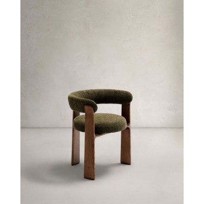 KAVE HOME 3-bent matstol i granit med armstöd - grön chenille och valnötsfinish askträ