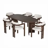 NORDVÄRK Meridia matbordsgrupp, med 1 bord och 6 stolar - brun Milano valnötsmelamin, vit chenillepolyester, mörk valnötsbok