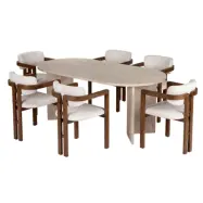 NORDVÄRK Meridia matbordsgrupp, med 1 bord och 6 stolar - sand travertin melamin, vit chenille polyester, mörk valnötsbok