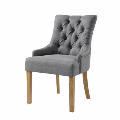 Romantisk Matstol - Grått Tyg, med Mörkgrå Knappar och Ekbetsad Trä