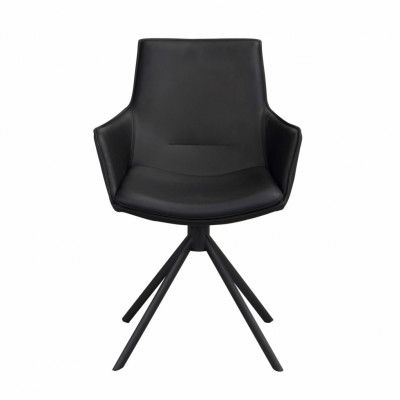 ROWICO Lowell Matstol, med Armstöd och Vridbar Bas - Svart Läder och Svart Metall