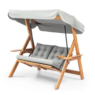NORDVÄRK Galata Swing S2 utomhus dubbelhängande soffa - grått polyestertyg och naturligt furuträ