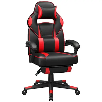 SONGMICS Racing Gaming Chair, justerbar kontorsstol med fotstöd, ergonomisk design, lutningsmekanism, nackstöd, svankstöd, 150 kg viktkapacitet, svart och röd OBG73BRV1