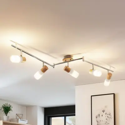 Lindby takspotlight Christoph, 130 cm, 5 lampor, trä, glas - Sovrum - Lantlig / rustik - Med flera ljuskällor