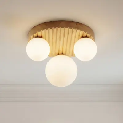 Mori taklampa, trä, glas, natur/vit, 3 x G9, Ø 34 cm – Lindby - Vardagsrum - Modern - Med flera ljuskällor