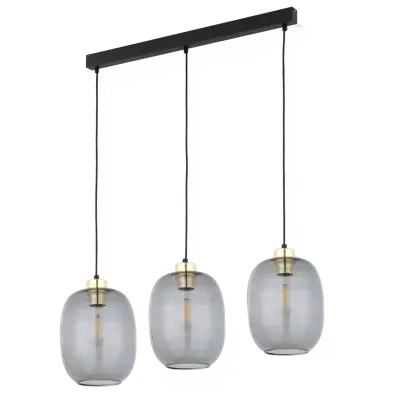 TK Delta taklampa, w. 3 skärmar - glas, guld och svart metall