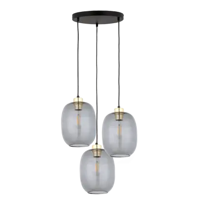 TK Delta taklampa, w. 3 skärmar - glas, guld och svart metall