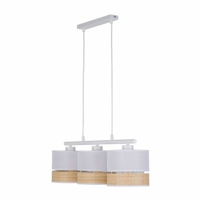 TK Paglia taklampa, w. 3 skärmar - vitt tyg och naturligt rotting