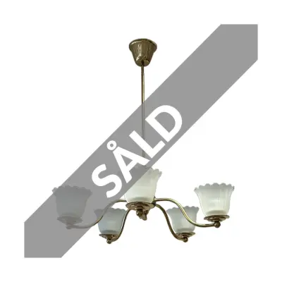 Vintage takkrona 5-arm, mässing/frostat glas