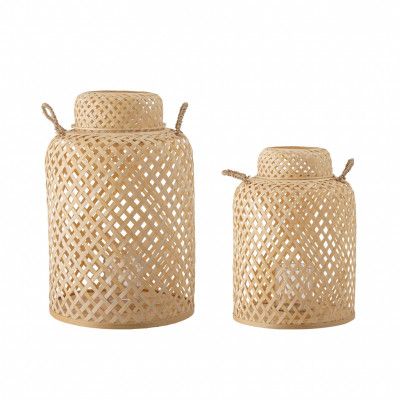 BLOOMINGVILLE Madlin lykta, m. glas, rund - naturlig bambu (set om 2)