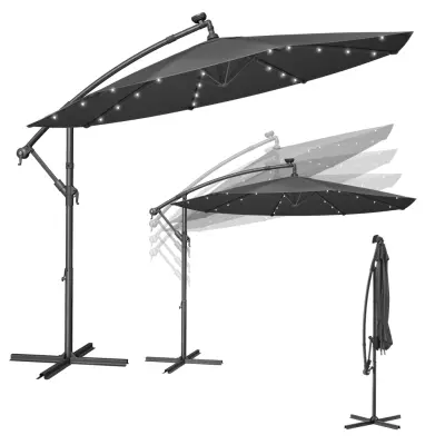 SONGMICS Fristående Trädgårdsparasoll med Solcellsdrivna LED-lampor, 3 m Bananparasoll med Fot, Vev föröppning och stängning, Solskydd med UPF 50+ Skydd, Grå GPU118G01