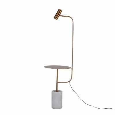 VENTURE DESIGN Vega sidobord med lampa - vit marmor och mässingsfärgad metall (Ø 40)