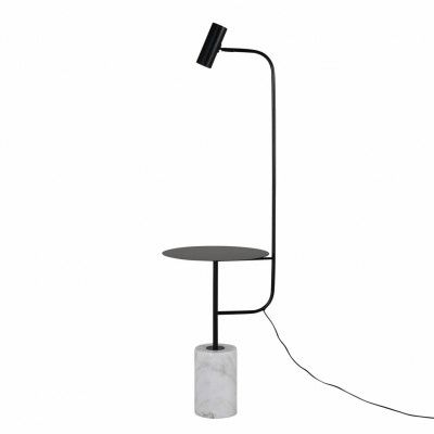 VENTURE DESIGN Vega sidobord med lampa - vit marmor och svart metall (Ø 40)