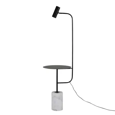 VENTURE DESIGN Vega sidobord med lampa - vit marmor och svart metall (Ø 40)