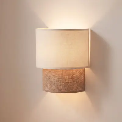 Boho-vägglampa, vit/jute, 22 cm, textil, E27 – Duolla - Hall - Tyg / textil - Med en ljuskälla