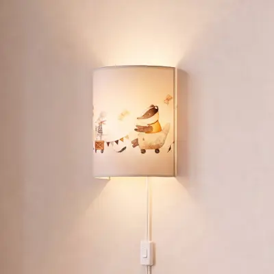 Kids Print vägglampa vit/färgglad 24 cm med stickkontakt, textil – Duolla - Barnrum - Tyg / textil - Med en ljuskälla