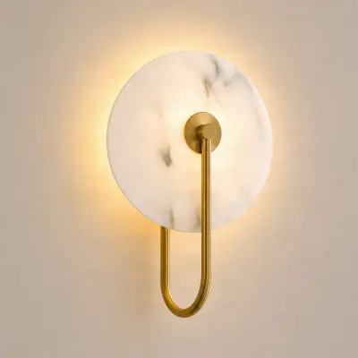 Ruma LED-vägglampa, alabaster, mässing, stegvis dimbar – Lucande - Vardagsrum - Design - Gips / lera - Rund
