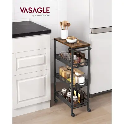 VASAGLE 4-våningsvagn, platsbesparande köksvagn med hjul, 22 cm djup, stålram, handtag, vagn för små utrymmen, kök badrum vardagsrum studio, rustik brun och svart LRC033B01