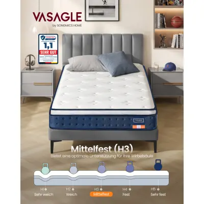 VASAGLE 90 x 200 x 20 cm medelfast pocketresårmadrass i gelminnesskum, H3, 7-zons stöd, rörelseisolering, andningsbartöverdrag, blå RMZ212QZ02