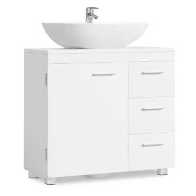 VASAGLE Badrumsskåp för under handfat, förvaringsskåp, med 3 lådor, 2 fack bakom dörren, för piedestalhandfat, med fötter, 30 x 70 x 64 cm, Cloud White BBK504W01