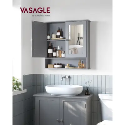 VASAGLE Badrumsskåp med spegel, Väggskåp med 2 spegeldörrar ochöppen planlösning, justerbart hyllplan, väggmonterat, 13 x 56,5 x 58,5 cm, duvgrå LHC002G02