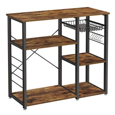 VASAGLE bakhylla, kökshylla med stålram, trådkorg och 6 krokar, multifunktionell förvaring för miniugn, kryddor och köksredskap, industriell, rustik brun och svart KKS90X