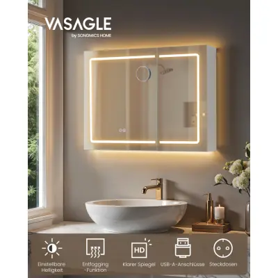 VASAGLE BBK134W01 Spegelskåp för badrum med belysning, väggskåp, grenuttag, avimningsfunktion, 10x förstoringsspegel, modern, 16,5 x 80 x 60 cm, vit