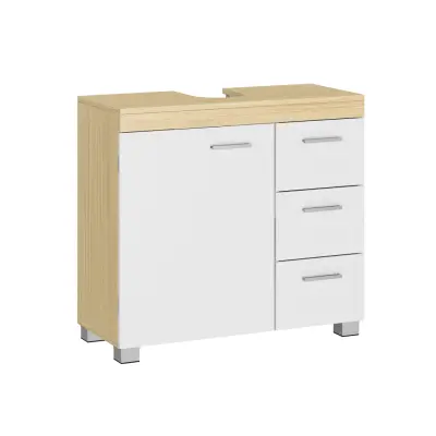 VASAGLE BBK503K01 Tvättställsskåp med 3 stora lådor, badrumsskåp, 2 fack bakom dörren, badrumsskåp med fötter, 30 x 70 x 64 cm, Cloud White/Naturbeige