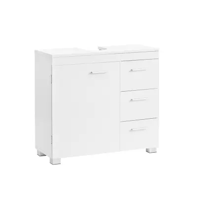 VASAGLE BBK503W10 Badrumsskåp med 3 stora lådor, Badrumsskåp, 2 fack bakom dörren, Badrumsskåp med ben, 30 x 70 x 64 cm, Vit