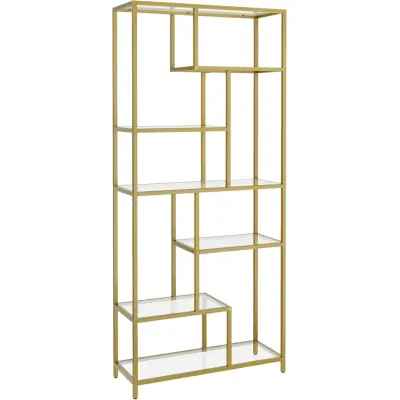 VASAGLE Bokhylla, 6-våningars hög bokhylla, växtställ, displayhylla, 30 x 80 x 180 cm, härdat glas, för arbetsrum, kontor, vardagsrum, sovrum, kök, metallic guld LGT502A01