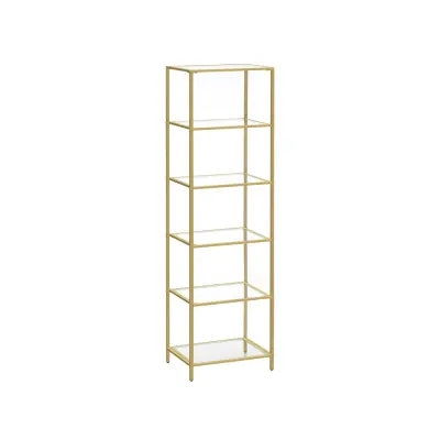 VASAGLE Bokhylla, 6-vånings bokhylla, smal bokhylla för sovrum, badrum, hemmakontor, härdat glas, stålram, metallic guld LGT500A01