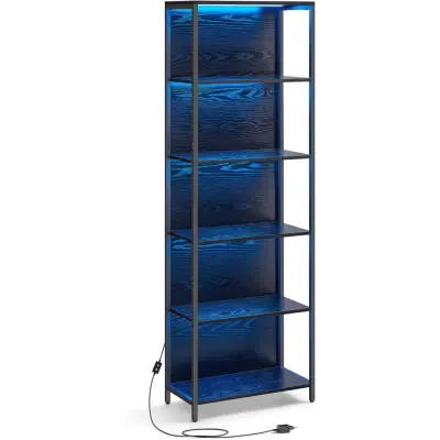 VASAGLE Bokhylla med 6 våningar och justerbar LED-belysning, hyllplan med stålram, 30,3 x 60 x 178,6 cm, för vardagsrum, sovrum, arbetsrum ebenholtssvart LLS120B57